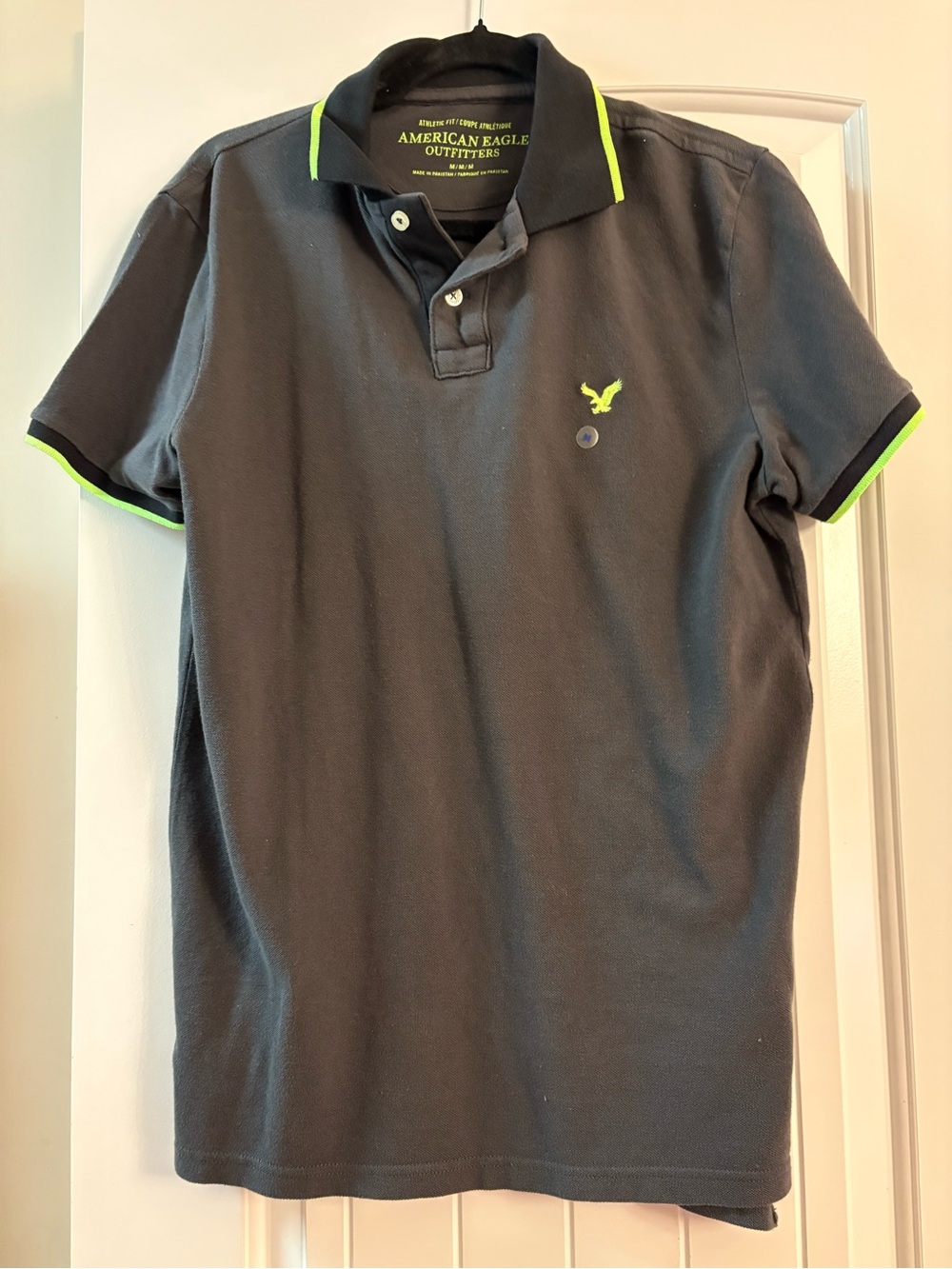 American Eagle Outfitters Men’s Black Polo with Neon Green Accents
